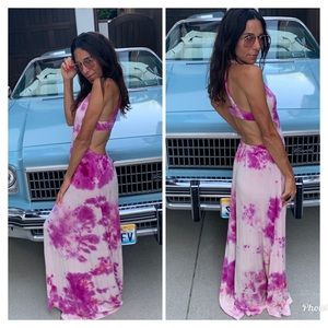 Tie Dye Pink slinky Maxi Dress peek a boo S